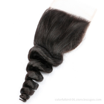 Wholesale  virgin remy hair loose wave 4*4 closure Swiss Lace Frontal natural color 4x4 lace Peruvian hair